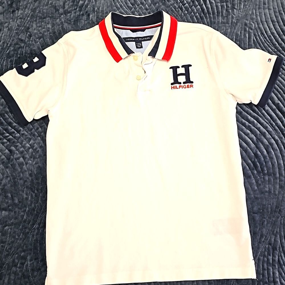 TOMMY HILFIGER Big Boys Striped Collar Embroidered White Polo, Size L (16/18)